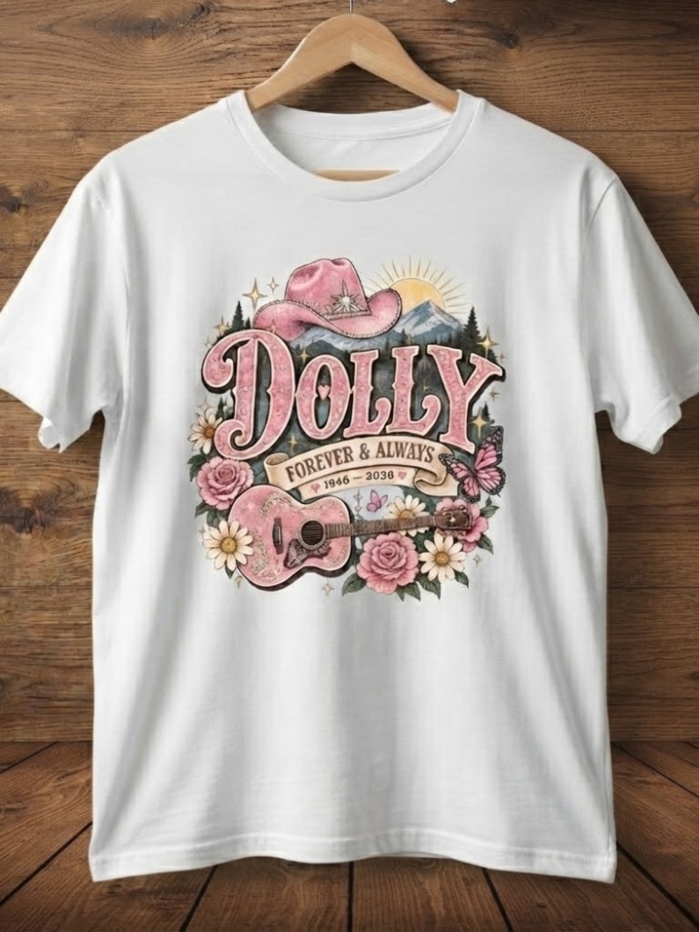 Dolly Forever And Always Cowboy Hat Guitar Floral Vintage White T-Shirt